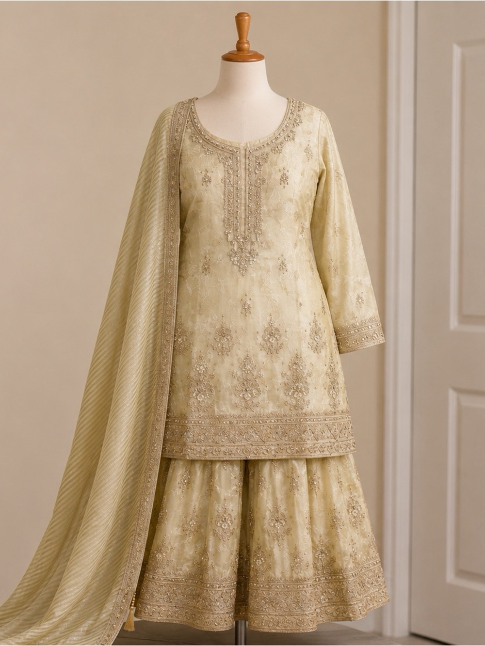 Elegant Beige Embroidered Women's Dress with Dupatta